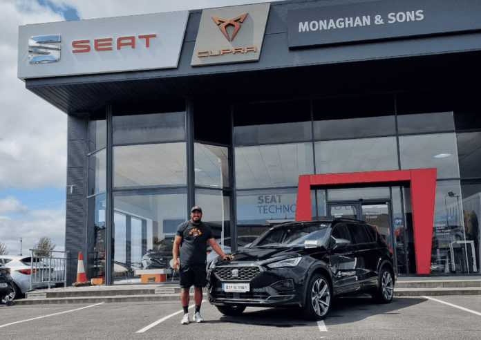 Bundee Aki SEAT Brand Ambassador at Monaghan & Sons, Galway.