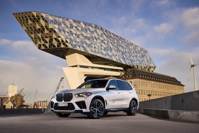 BMW iX5 Hydrogen on location in Antwerp. (Picture: Tom Kirkpatrick)