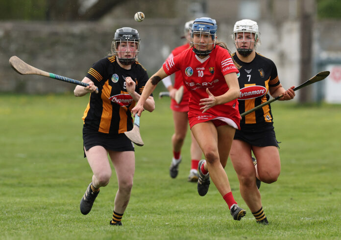 Rose Murphy tackled by Katie Byrne and Hannah Scott 15/4/2023
