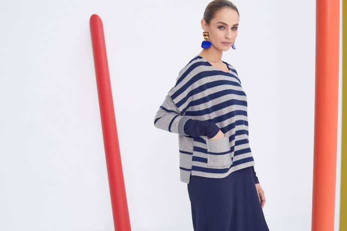 NAYA's side placement print dress (€137) and square stripe knit (€140).