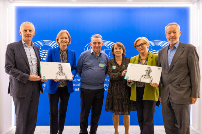 MEP Deirdre Clune welcomes Larry and Bernie Brennan to the European Parliament.