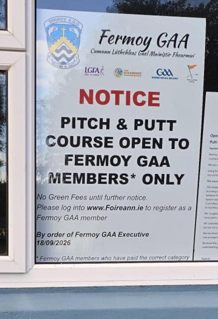 Part of the notice in place in the Pitch & Putt clubhouse window. (P)